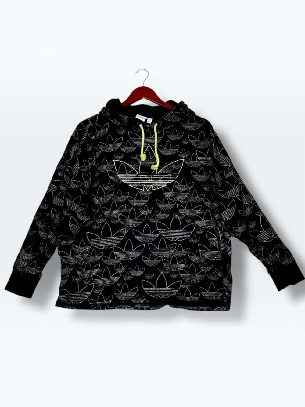 Adidas Womens Trefoil Monogram Glitter Hoodie L Black Neon Yellow Streetwear - Picture 1 of 8